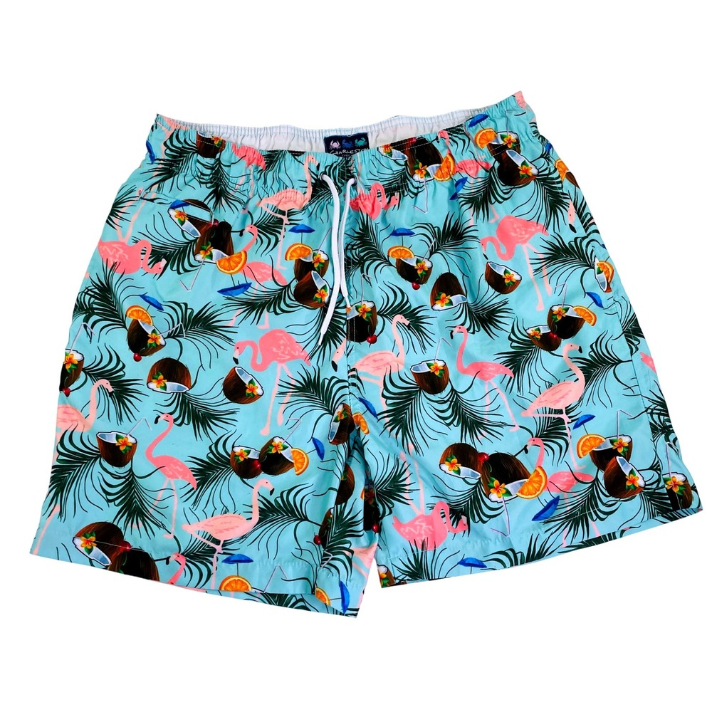 Charleston Threads Mens Swim Trunks XL Aqua Blue Flamingo Coconut Tropical Print
